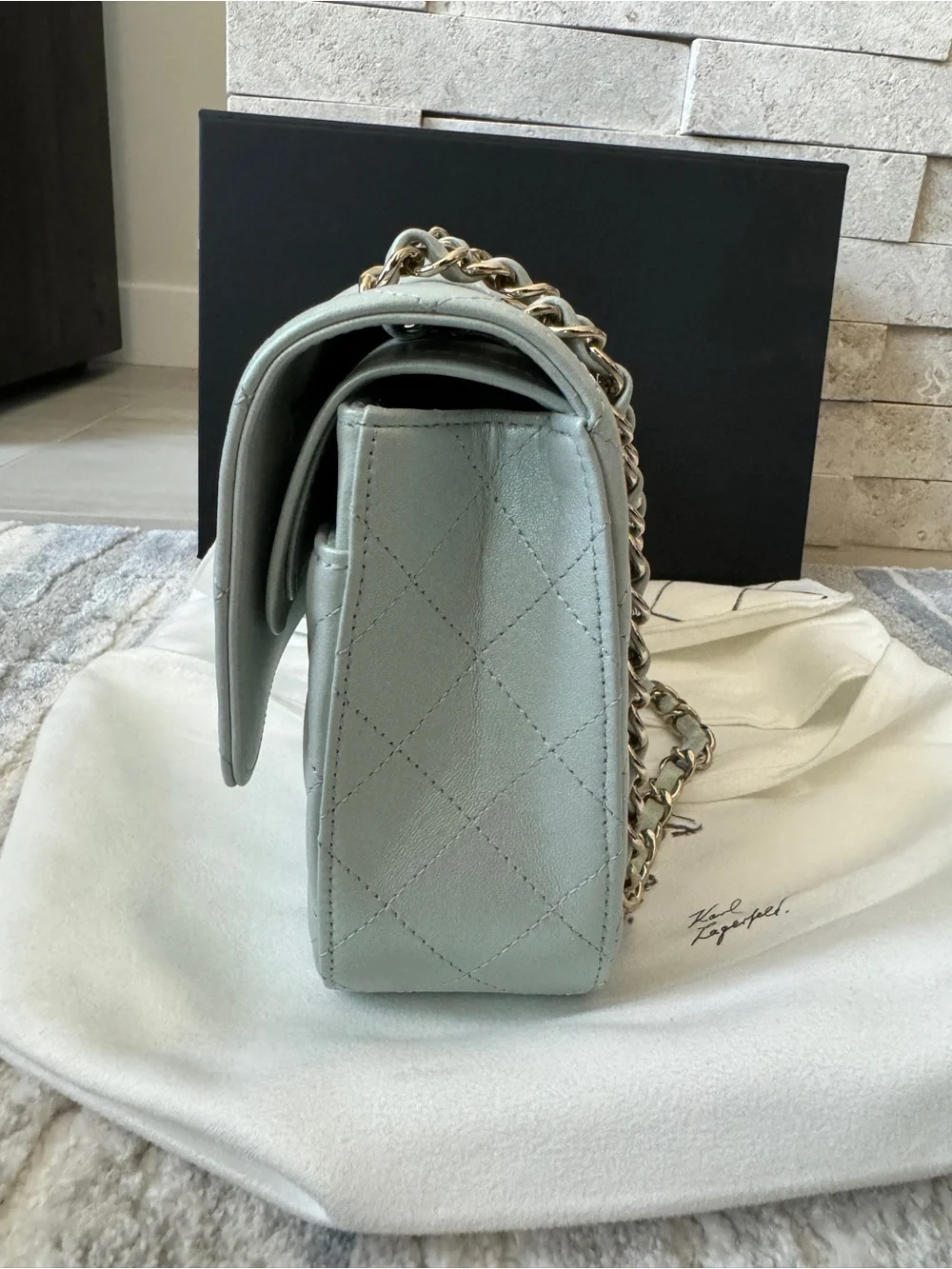 Chanel Iridescent Blue Medium Classic Flap Bag Quilted Lambskin Gold Hardware